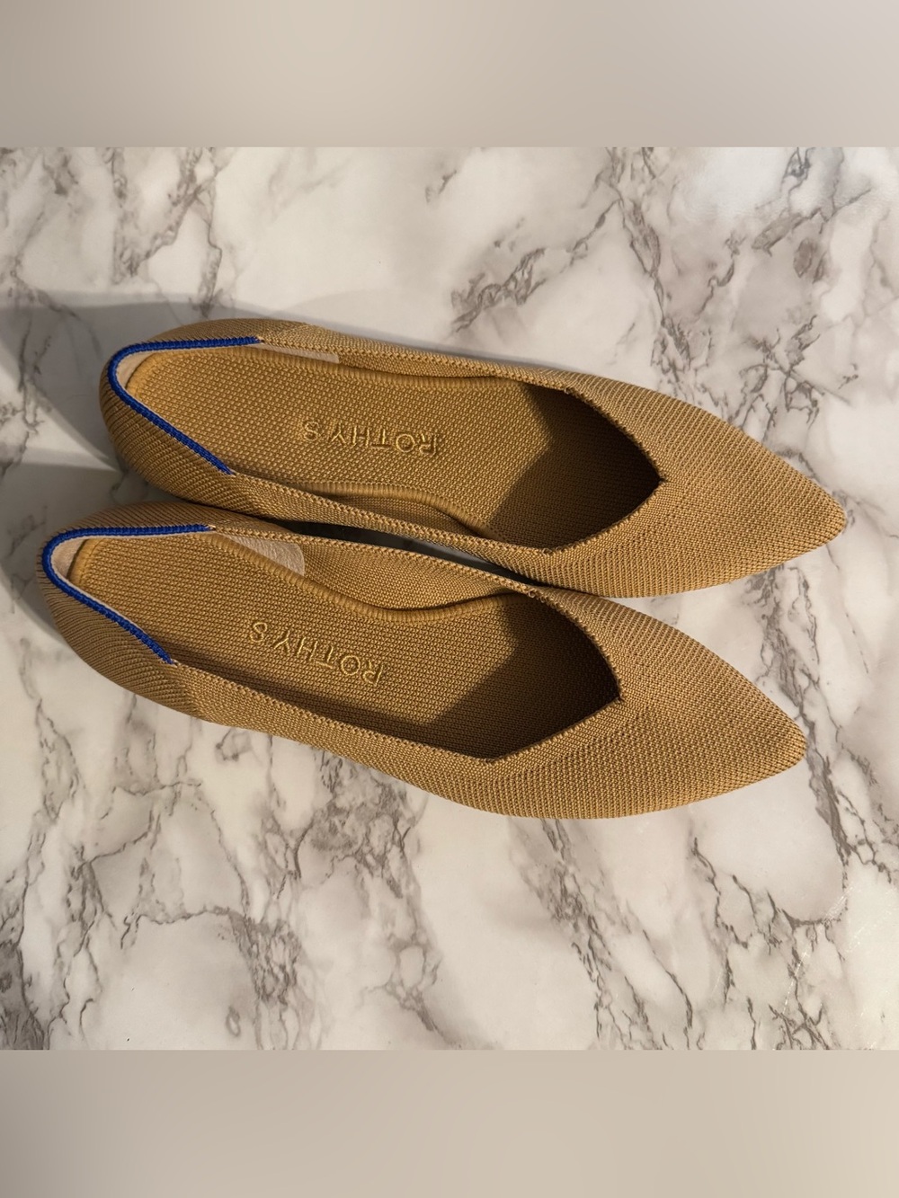 Rothy's Pointed Toe Flats in Tan with Blue Accent